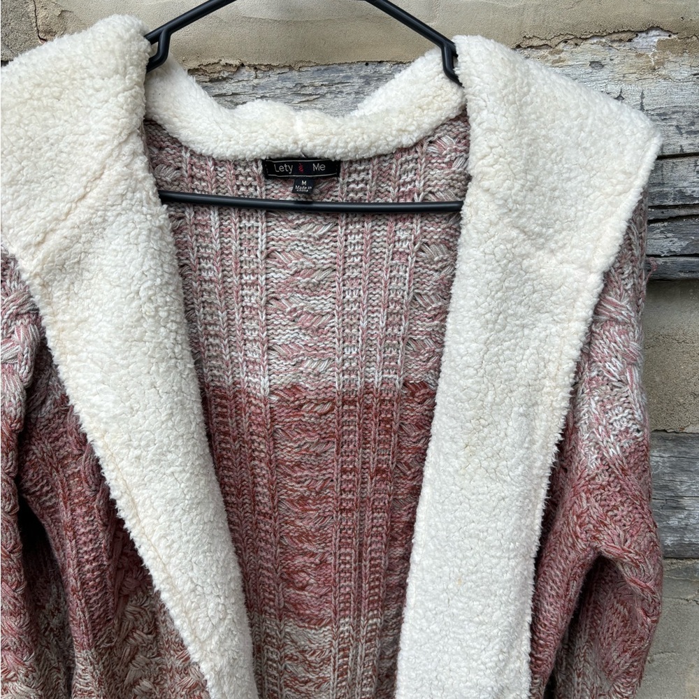 Lety & Me Cozy Multicolor Knit Sherpa Trim Open-Front Cardigan with Hoodie M - Picture 4 of 7